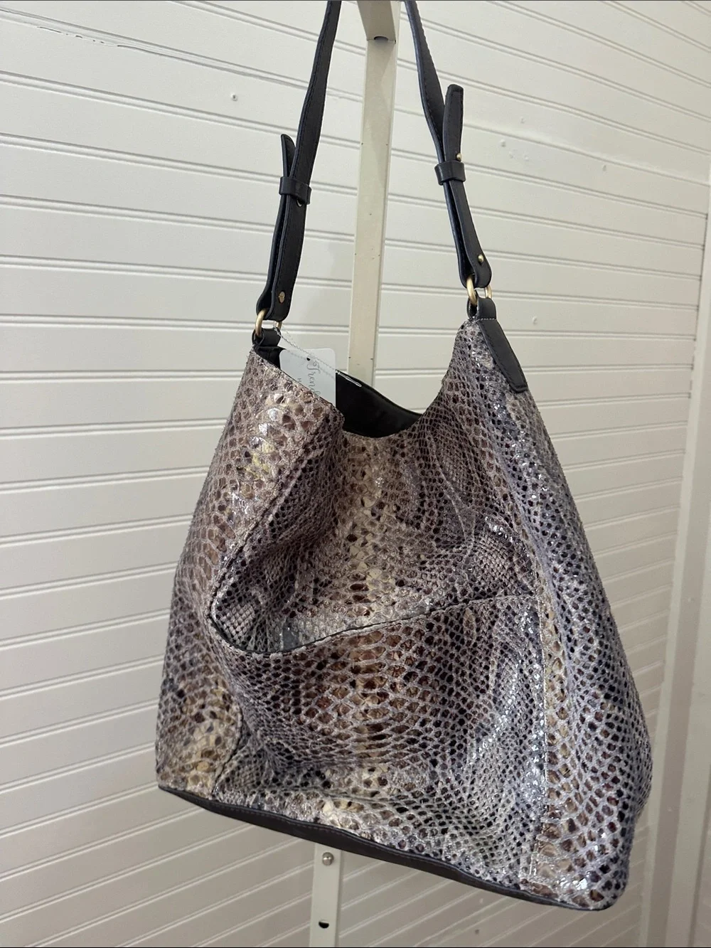 Tahari Snakeskin-Pattern Shoulder Bag in Brown and Tan purse hobo
